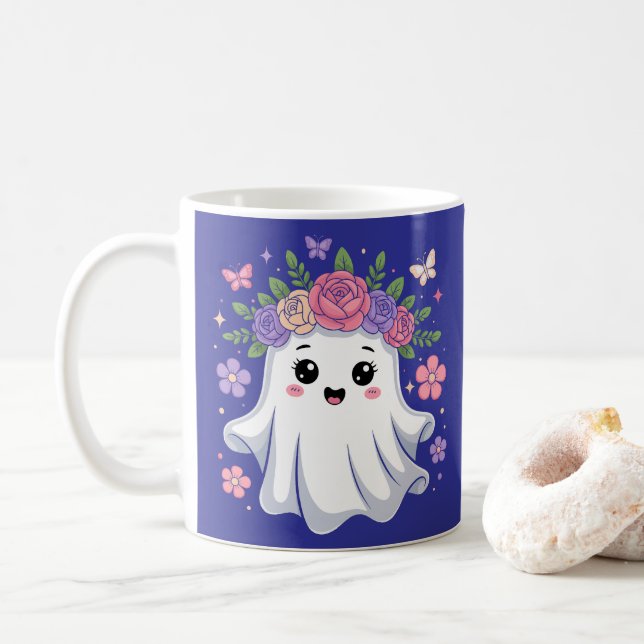 Cute Floral Ghost Kawaii Halloween Ghost Coffee Mug (With Donut)
