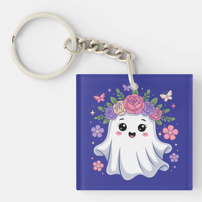 Cute Floral Ghost Kawaii Halloween Ghost Key Ring (Front)