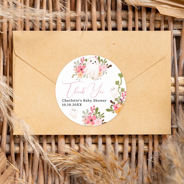 Cute floral ghost pumpkin little boo baby shower classic round sticker (Cute floral ghost pumpkin little boo baby shower classic round sticker)