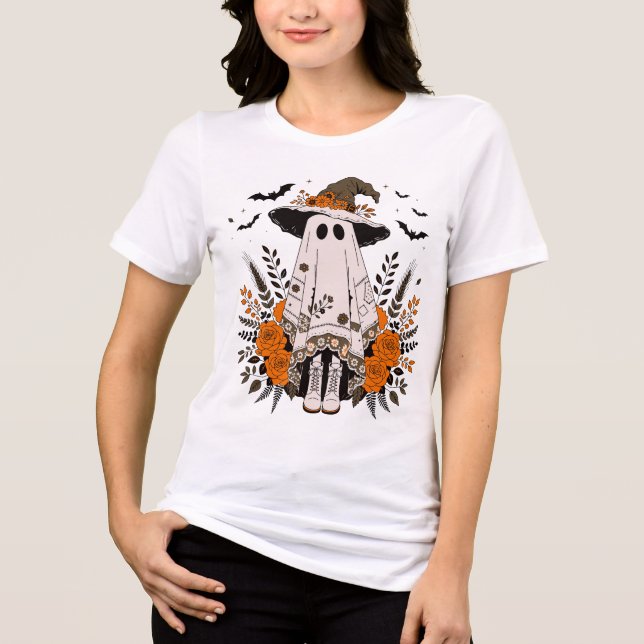 Cute Floral Ghost Witch Hat Halloween Tri-Blend Shirt (Front)