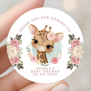 Cute Floral Giraffe Girl Baby Shower Thank You Classic Round Sticker