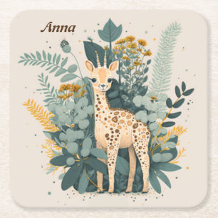 Cute floral giraffe square paper coaster
