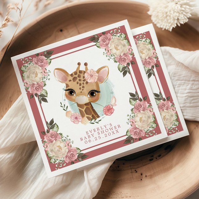 Cute Floral Giraffe Watercolor Girl Baby Shower Napkin (Creator Uploaded)