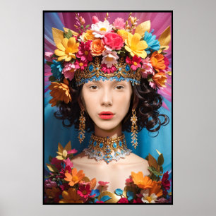 Cute floral girl and woman face in hole photo poster