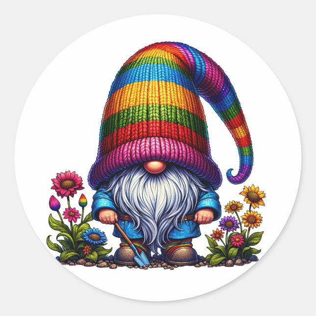 Cute Floral Gnome Classic Round Sticker (Front)