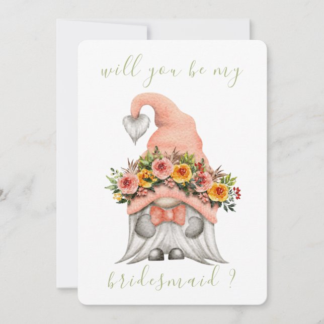 Cute Floral Gnome Will You Be My Bridesmaid Invitation (Front)