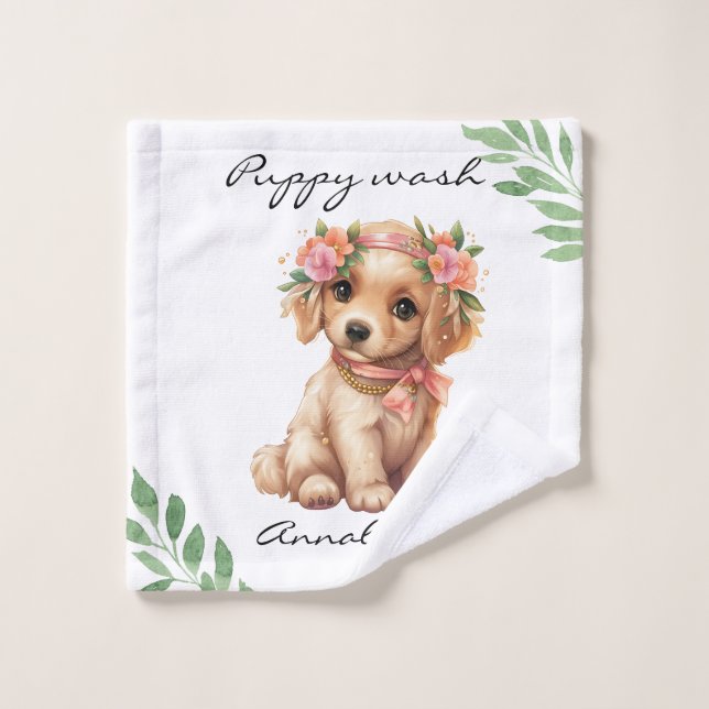 Cute Floral Golden Retriever Puppy Bath Towel Set (Wash Cloth)