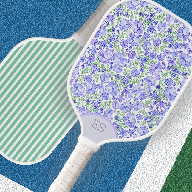 Cute floral green stripe blue pickleball paddle (Creator Uploaded)