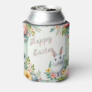 Cute, floral happy Easter bunny Can Cooler