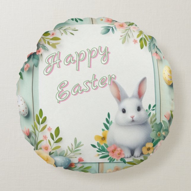 Cute, floral happy Easter bunny Round Cushion (Front)