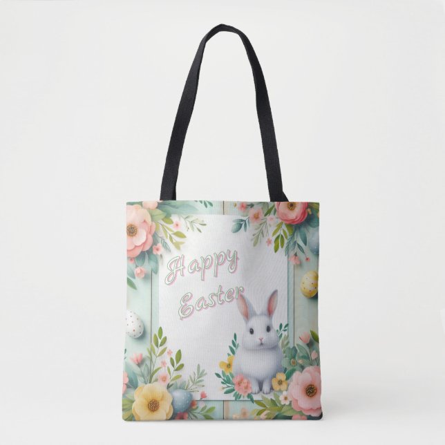 Cute, floral happy Easter bunny Tote Bag (Front)