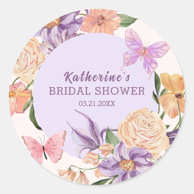 Cute Floral He Gives Me Butterflies Bridal Shower Classic Round Sticker (Front)