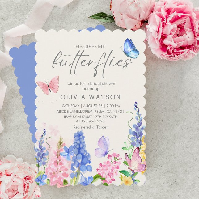Cute Floral He Gives Me Butterflies Bridal Shower Invitation (Creator Uploaded)