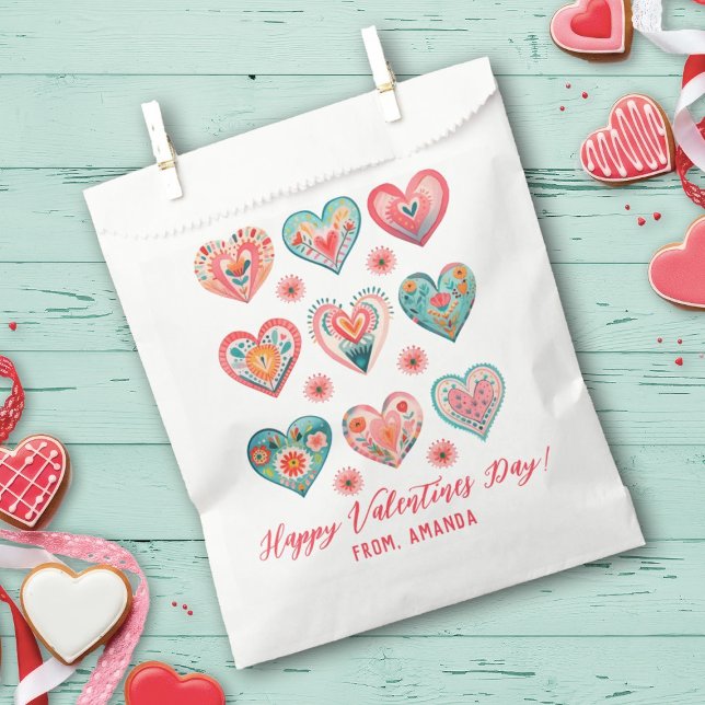 Cute Floral Heart Pattern Favour Bags (A cute Valentine's Day Treat bag with watercolor hearts. Great for a Valentines classroom exchange)