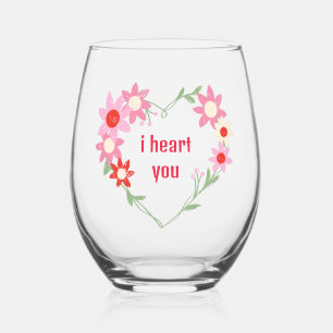 Cute floral heart Valentine's day quote Stemless Wine Glass