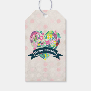 Cute Floral Heart with Tropical Flowers Birthday Gift Tags