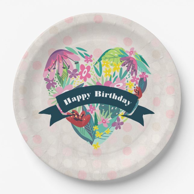 Cute Floral Heart with Tropical Flowers Birthday Paper Plate (Front)