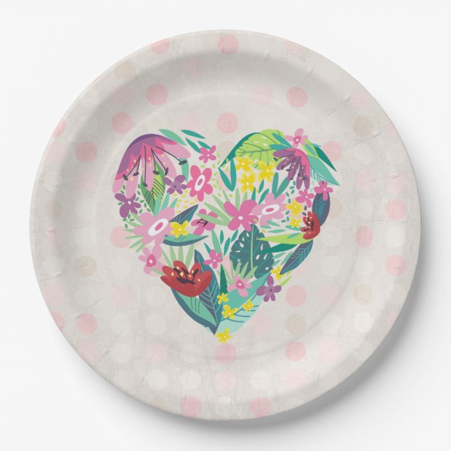 Cute Floral Heart with Tropical Flowers Birthday Paper Plate (Front)