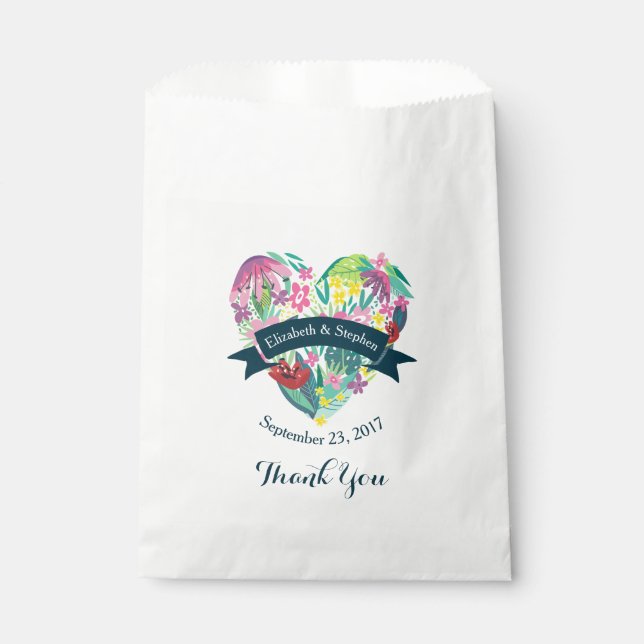 Cute Floral Heart with Tropical Flowers Wedding Favour Bags (Front)
