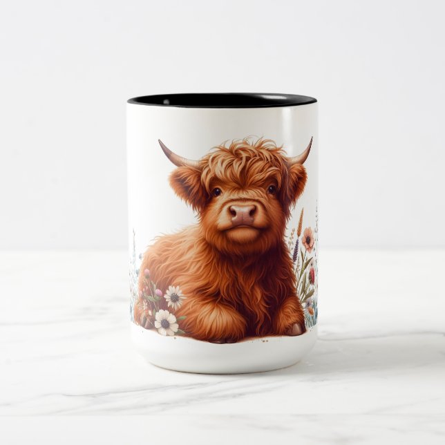 Cute Floral Highland Cow  Two-Tone Coffee Mug (Center)