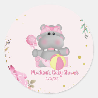 Cute Floral Hippo Baby Shower Classic Round Sticker
