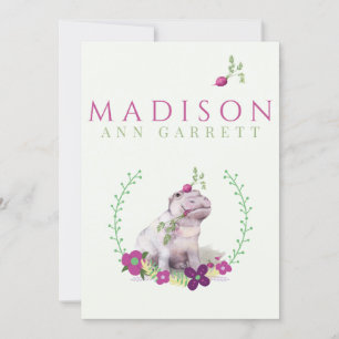 Cute floral hippo purple baby girl photo birth announcement
