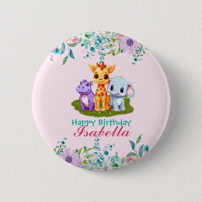 Cute Floral Hippo safari jungle Animals Birthday 6 Cm Round Badge (Front)