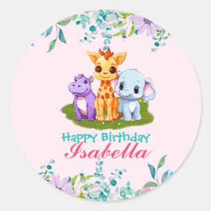 Cute Floral Hippo safari jungle Animals Birthday Classic Round Sticker