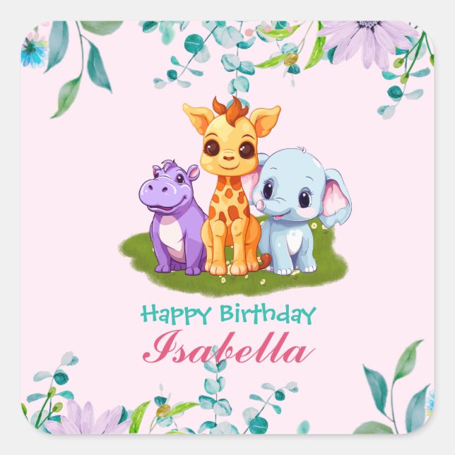 Cute Floral Hippo safari jungle Animals Birthday Square Sticker (Front)