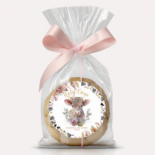 Cute Floral Holy Cow First Birthday  Classic Round Sticker