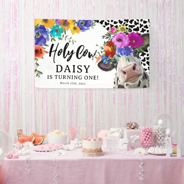 Cute Floral Holy Cow Kids Birthday Party Banner (Party)