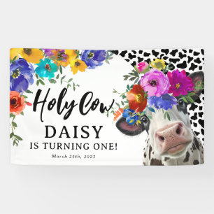 Cute Floral Holy Cow Kids Birthday Party Banner