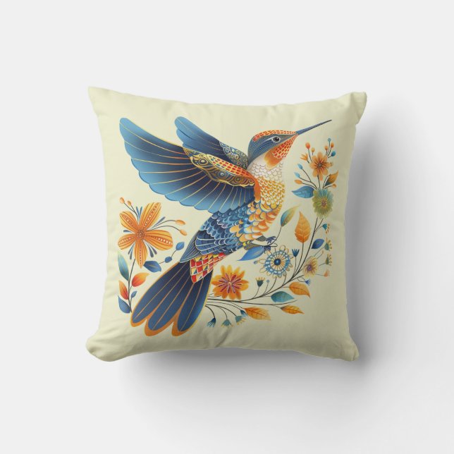 Cute Floral Hummingbird Throw Pillow (Front)