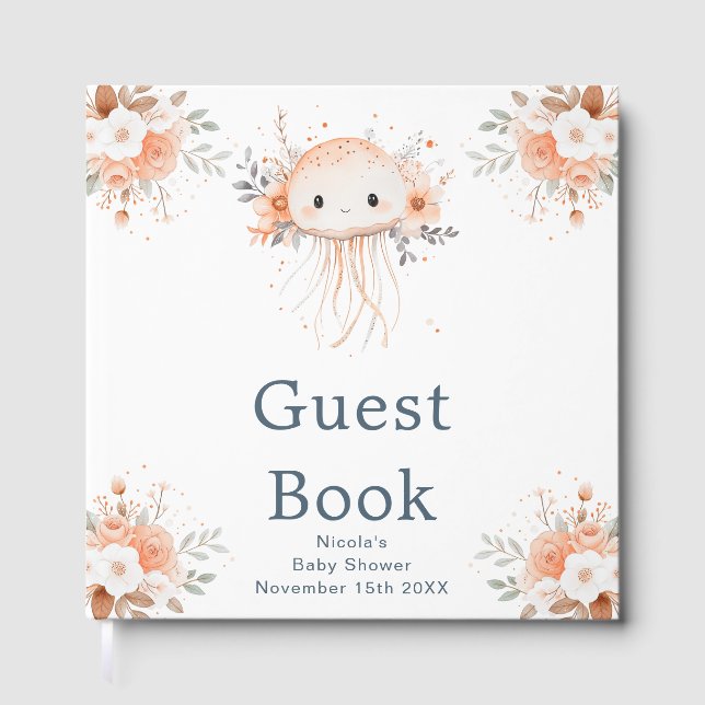 Cute Floral Jellyfish Baby Shower Guest Book (Front)