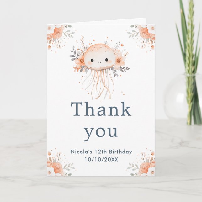 Cute Floral Jellyfish Birthday Party Thank You Card (Front)