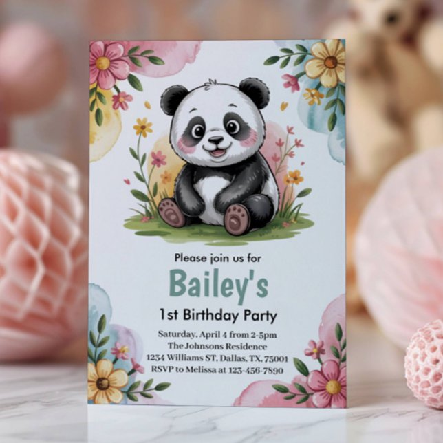 Cute Floral Kids Panda 1st Birthday Party Invitation (Creator Uploaded)