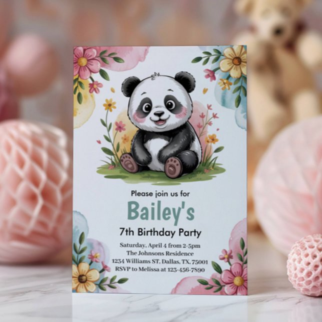 Cute Floral Kids Panda Birthday Party Invitation (Creator Uploaded)
