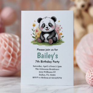 Cute Floral Kids Panda Birthday Party Invitation