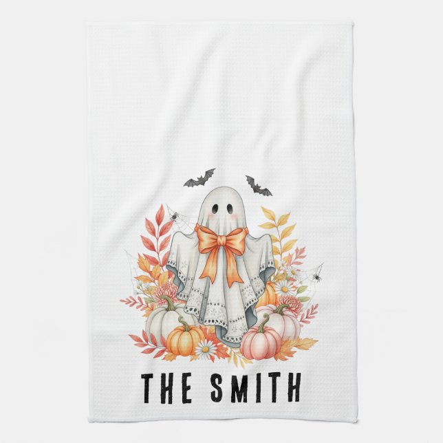 Cute Floral Lace Ghost|Spooky Sweet Fall Halloween Tea Towel (Vertical)