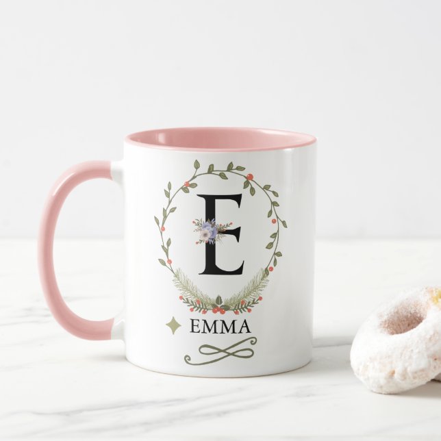 Cute Floral Letter E Monogram Mug (With Donut)