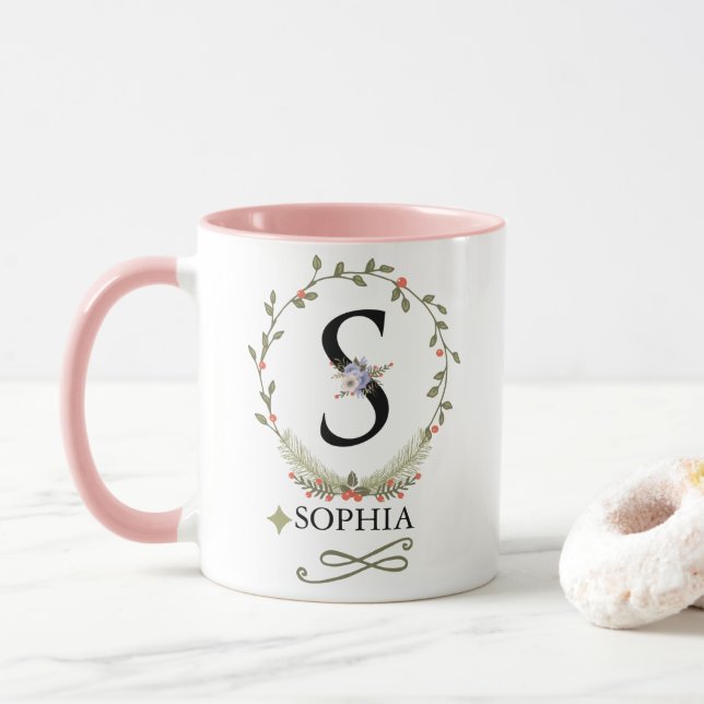 Cute Floral Letter S Monogram Mug (With Donut)