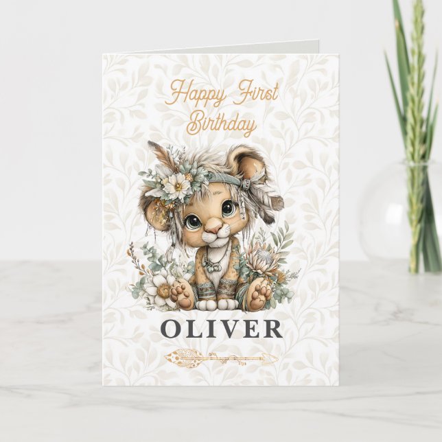 Cute floral lion Happy 1st Birthday Greeting Card (Front)