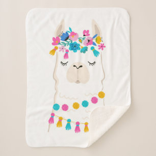 Cute Floral Llama Sherpa Blanket