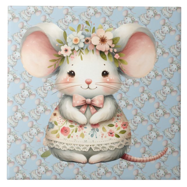 Cute Floral Mouse Dress Flower Crown Tile (Front)