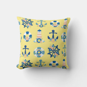 Cute Floral Nautical Anchor Lighthouse Yellow Cushion