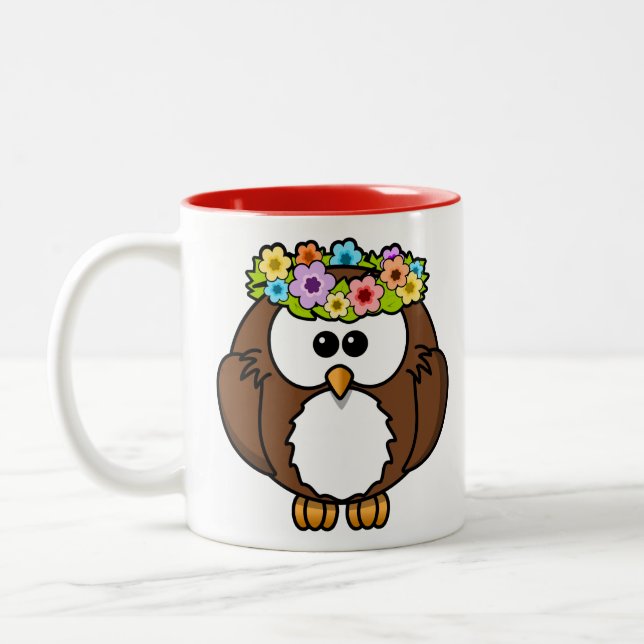 Cute Floral Owl Two-Tone Coffee Mug (Left)