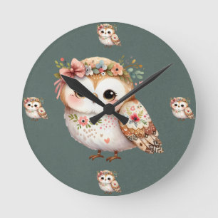 Cute Floral Owl with Bow Round Clock
