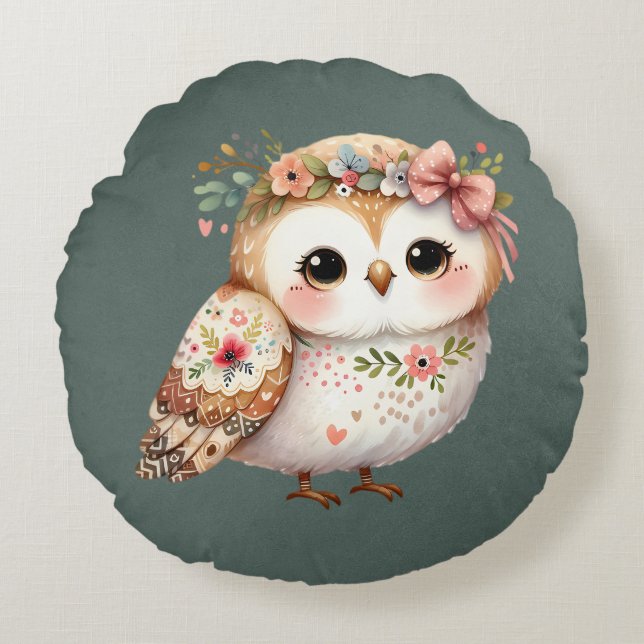 Cute Floral Owl with Bow Round Cushion (Front)