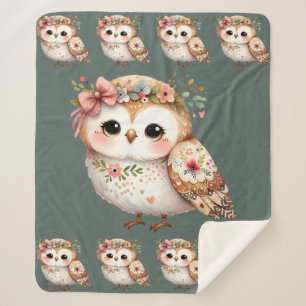 Cute Floral Owl with Bow Sherpa Blanket