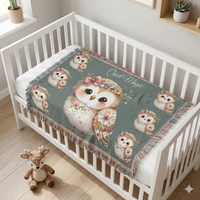 Cute Floral Owl with Bow Throw Blanket (Cute Floral Owl with Bow Throw Blanket On Toddler Bed)